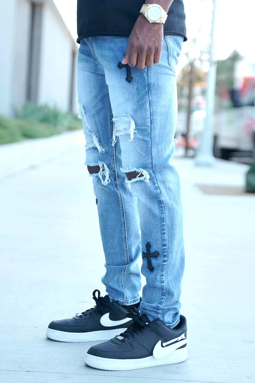 Faux Leather Cross Patch Distressed Denim Jeans 3 Faux Leather Cross Patch Distressed Denim Jeans - Image 3