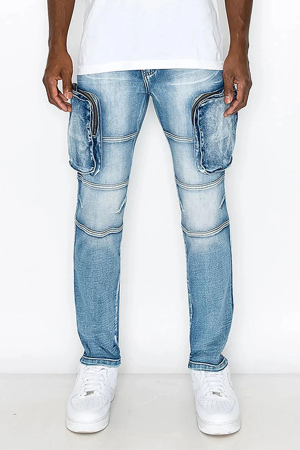 Washed Zippered Cargo Denim Jeans 1 Washed Zippered Cargo Denim Jeans