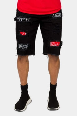 Ripped Bandana Repair Denim Shorts -Victorious DS2029 BLK 1