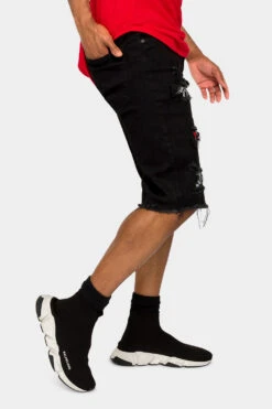 Ripped Bandana Repair Denim Shorts -Victorious DS2029 BLK 4