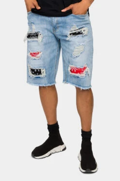 Ripped Bandana Repair Denim Shorts -Victorious DS2029 LTI 1