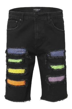 Multi Color Crystal Embellished Denim Shorts -Victorious DS2078 BLK 1
