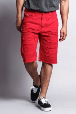 Distressed Colored Denim Shorts -Victorious DS431 RED 4