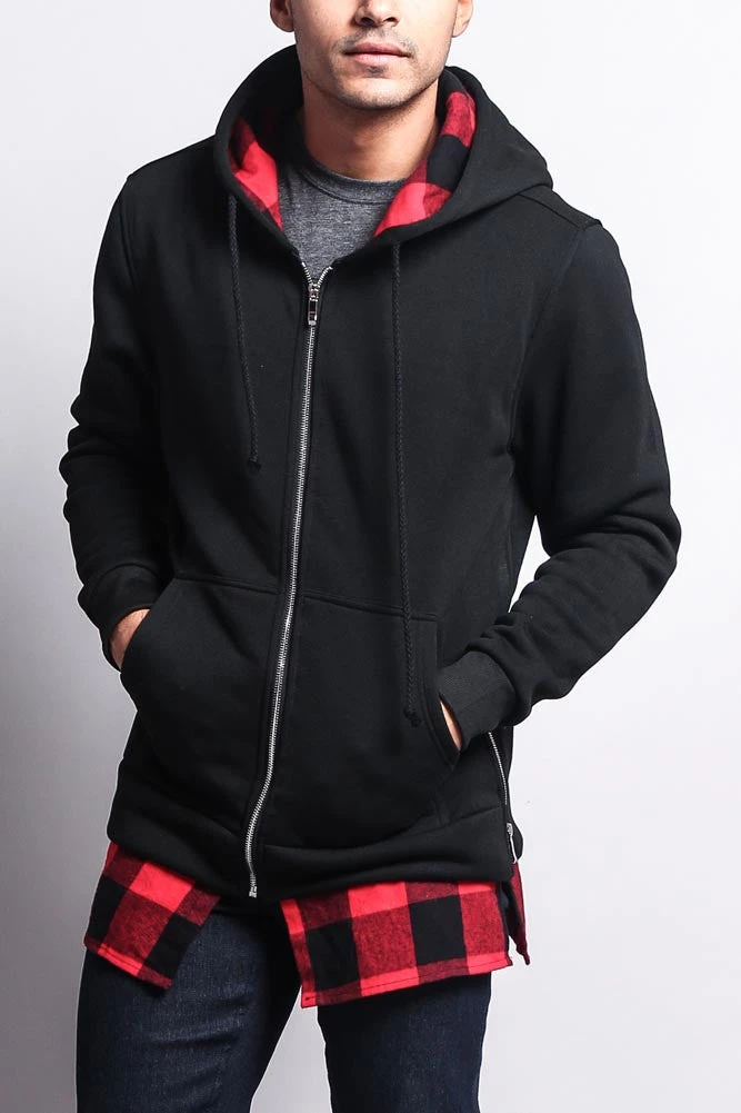 Plaid Flannel Accent Long Length Zip Hoodie 1 Plaid Flannel Accent Long Length Zip Hoodie