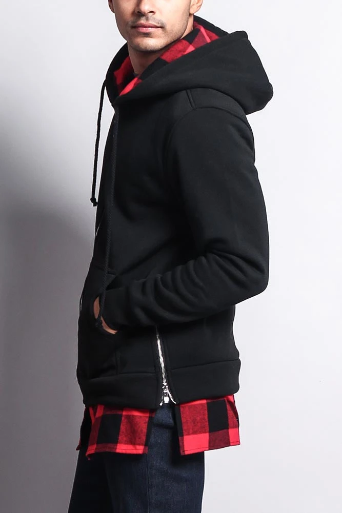 Plaid Flannel Accent Long Length Zip Hoodie 3 Plaid Flannel Accent Long Length Zip Hoodie - Image 3
