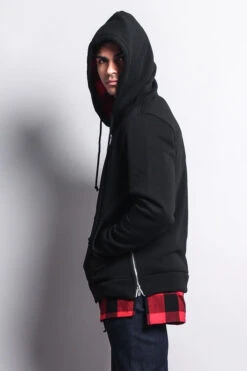 Plaid Flannel Accent Long Length Zip Hoodie 20 Plaid Flannel Accent Long Length Zip Hoodie -Victorious JK723 BRD 6