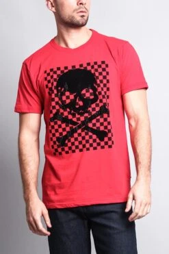 Men's Checkered Skull T Shirt -Victorious TS7126 RED 1