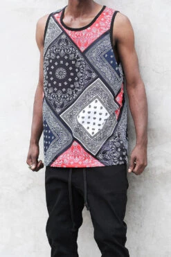 Men's Diagonal Bandana Mix Tank Top 9 Men's Diagonal Bandana Mix Tank Top -Victorious TT102 NAVYRED 4